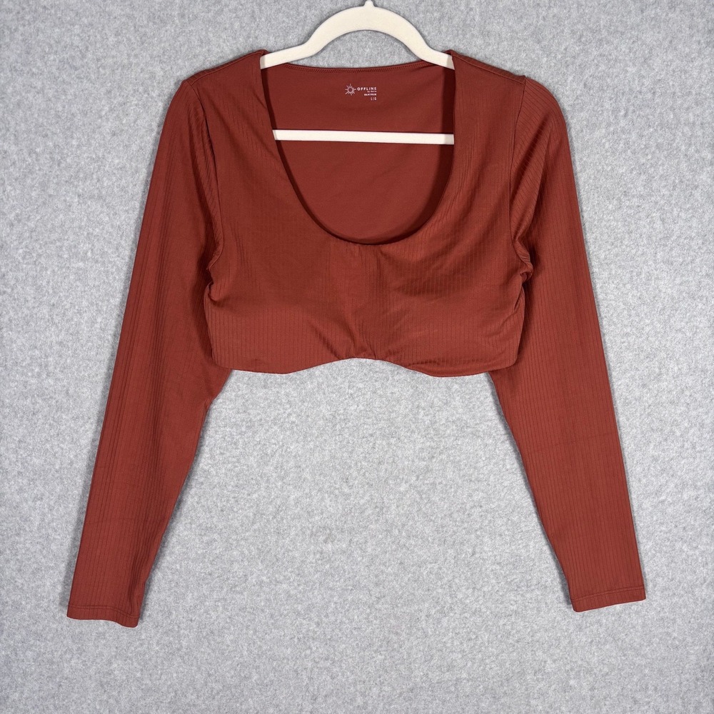 OFFLINE Aerie Real Me Ribbed Long Sleeve Crop Top Large Brown Scoop Neutral Yoga
